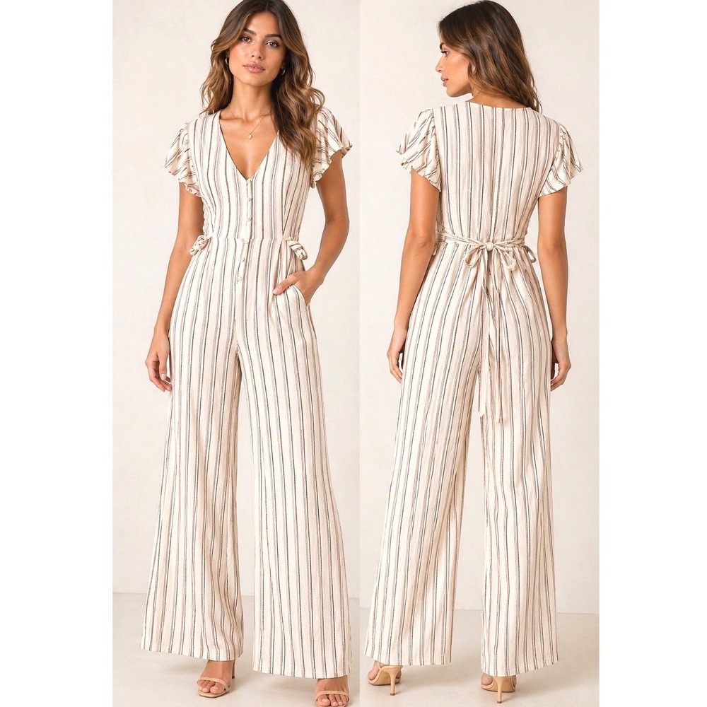 Cotton Candy LA Women Beige Striped Jumpsuit Small V-Neck Short Sleeve Tie Back